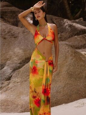 Halter Tie-Front Sarong Dress in Yellow Multi Floral